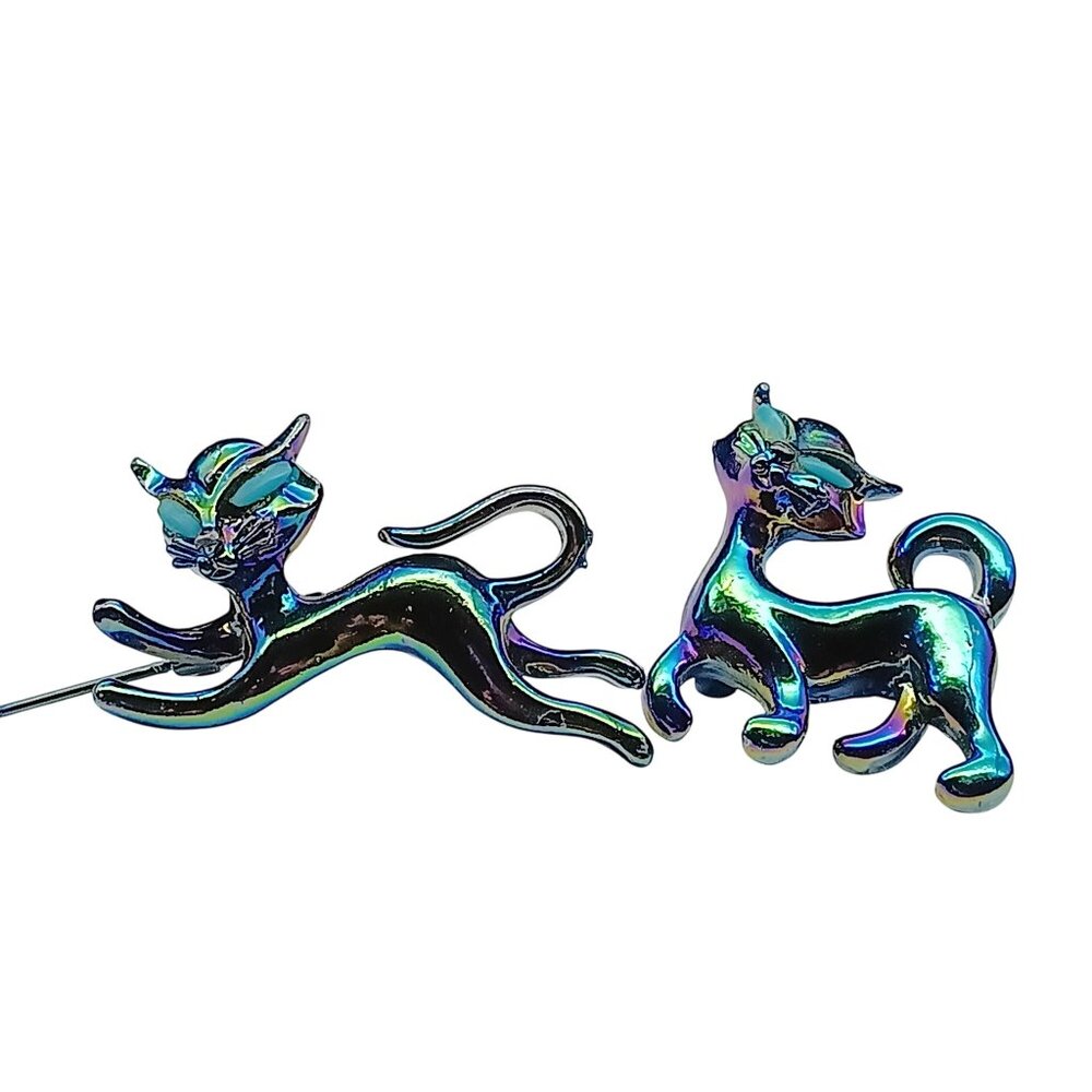 Vintage Iridescent Cat Brooch Pin Set - Playful Design - Multicolor Metal MCM